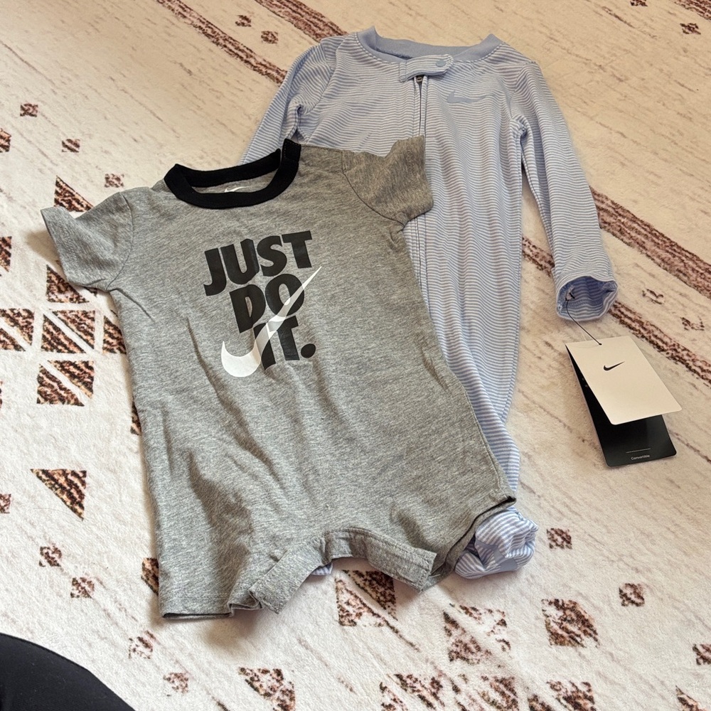 Nike Gray 'Just Do It.' Romper with Light Blue Striped Footie